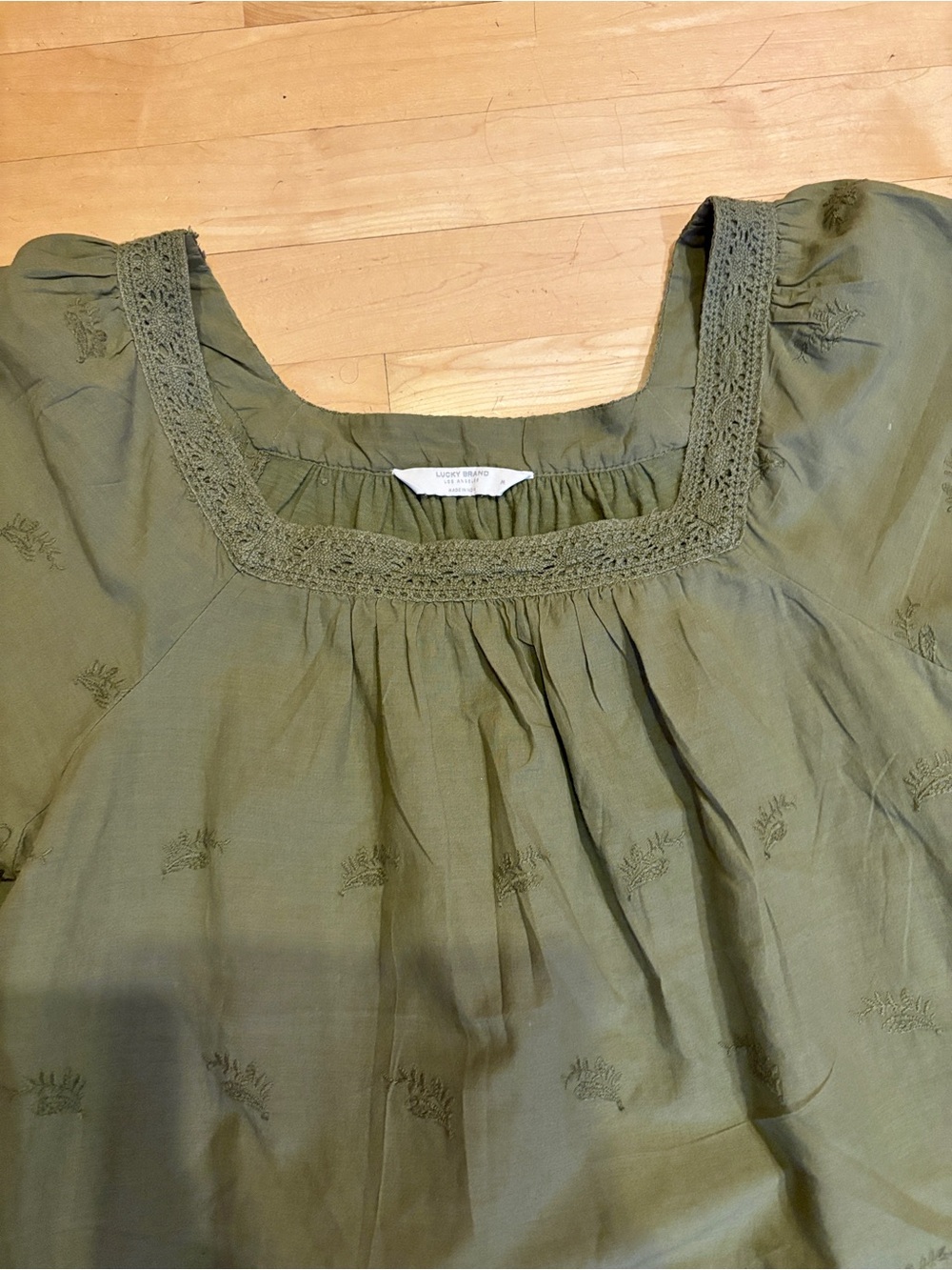 Lucky Brand Olive Green Eyelet & Embroidered Square-Neck Peasant Style Blouse - Picture 5 of 9